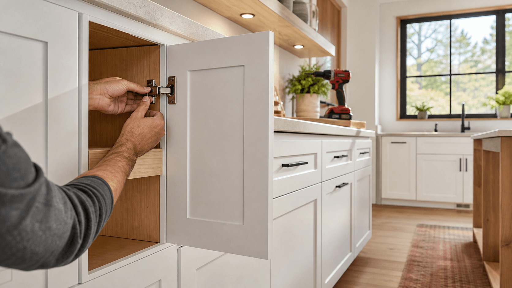 Cabinet refacing installation with new white shaker doors and hinge adjustment