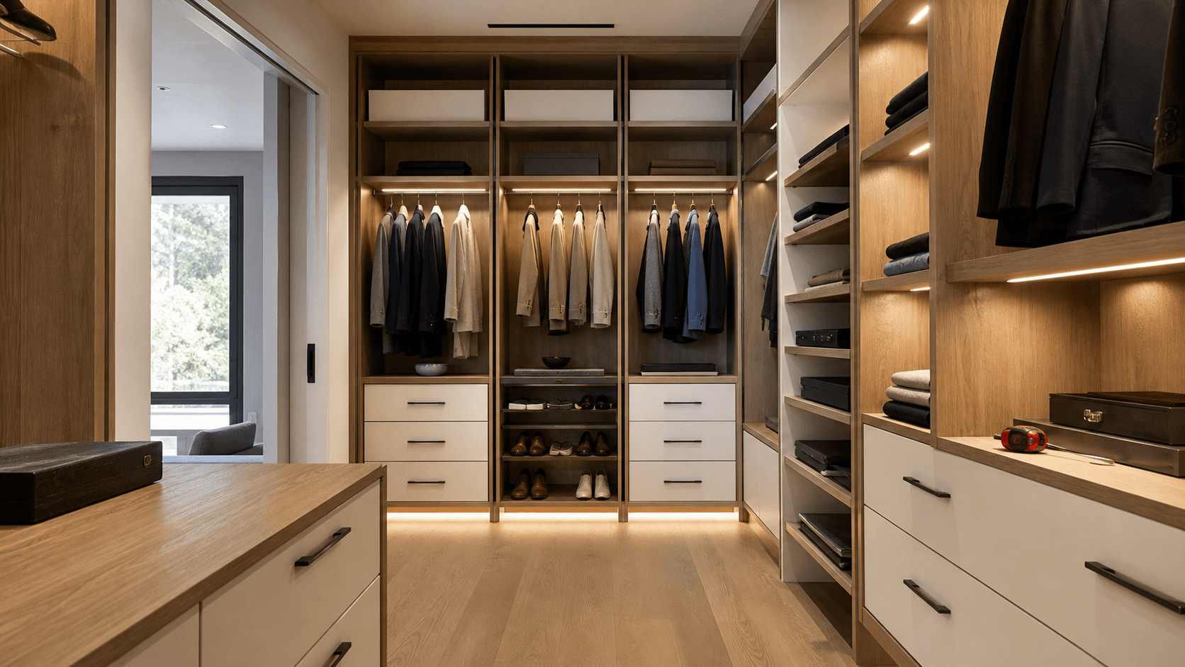 Custom walk-in closet system with warm wood shelving, white drawers, and integrated lighting