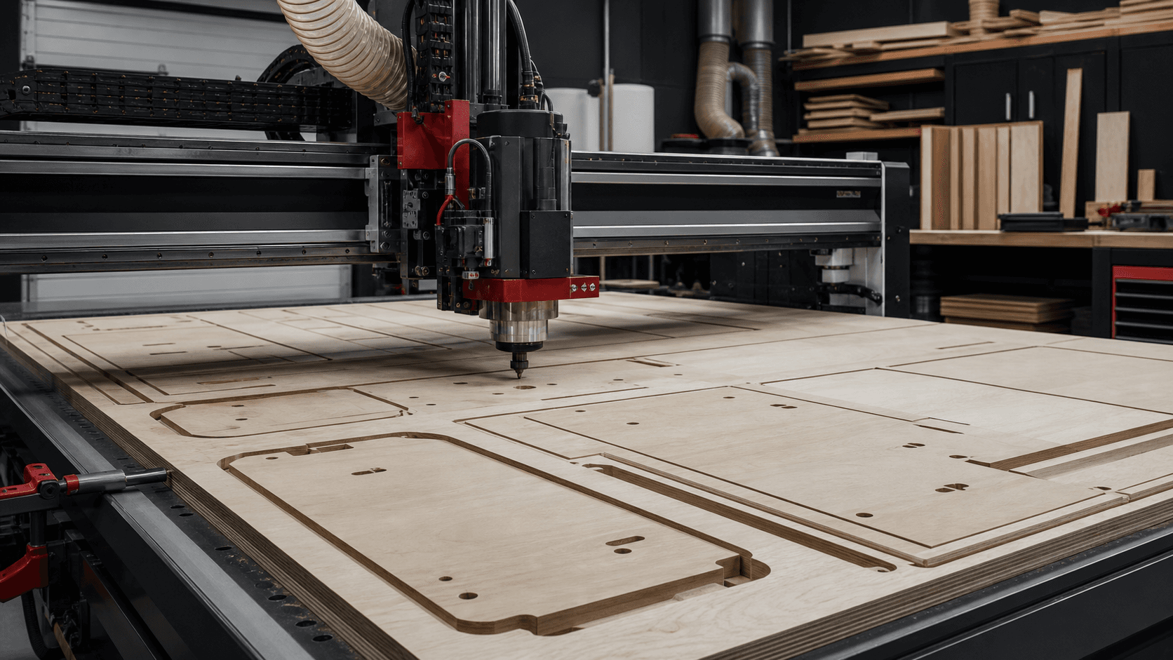 CNC router cutting nested cabinet-grade plywood panels in a professional woodworking shop