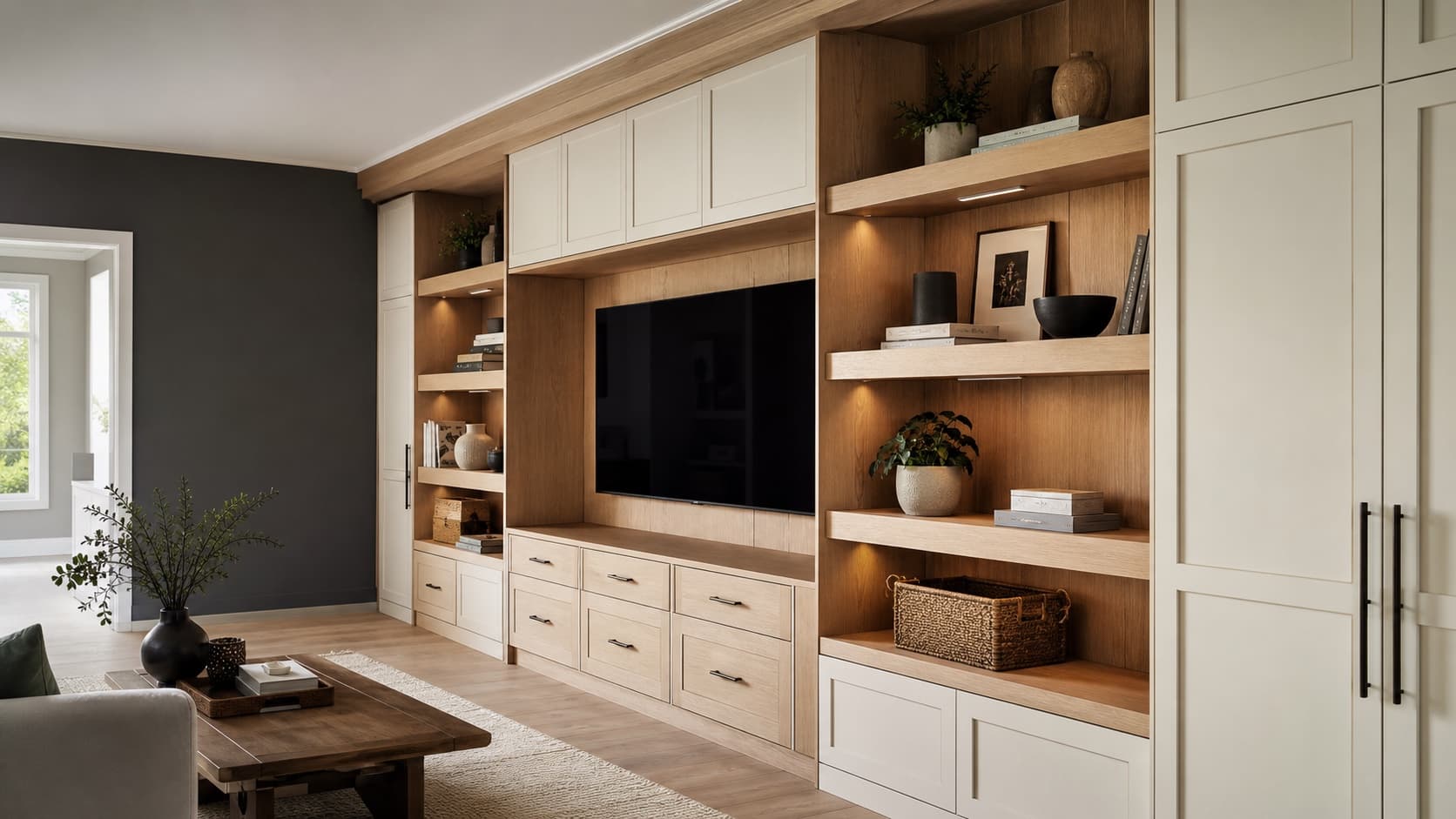 Custom built-in media wall with warm wood shelving and painted storage