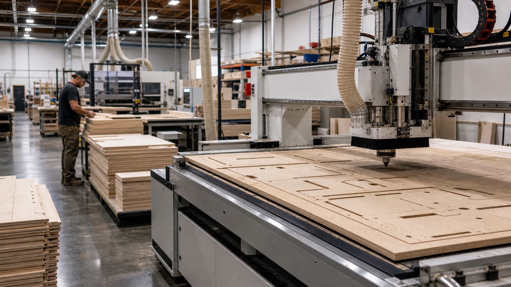CNC router cutting contract manufacturing components in a woodworking production facility