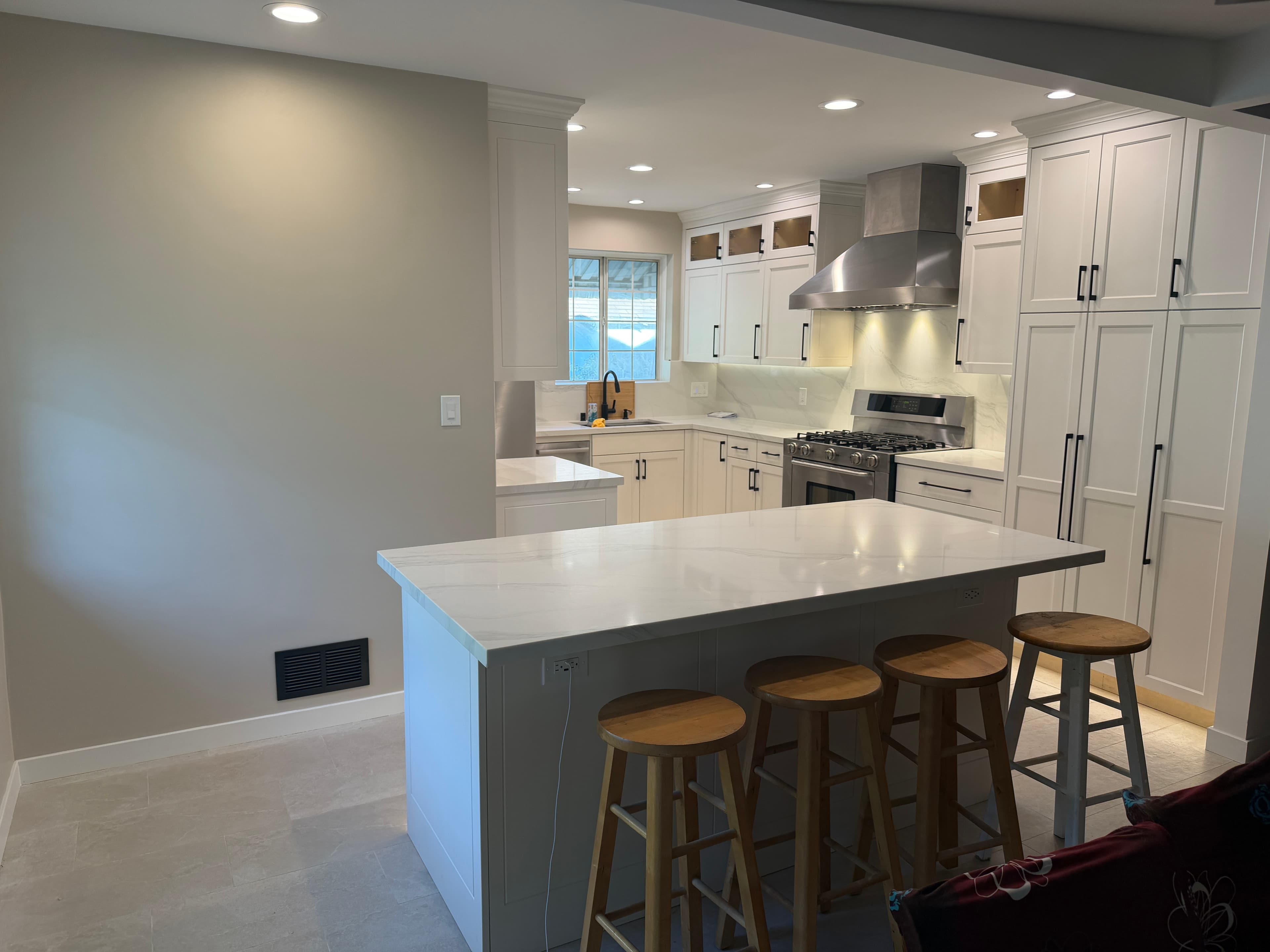 Kitchen Renovation in Pasadena, CA - Custom-built frameless euro cabinets, full-height Calacatta River quartz, and Z-Wave RGBW lighting